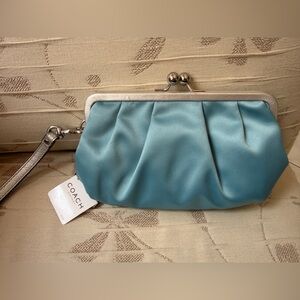 NWT COACH Light blue Satin Wristlet with Silver Frame leather strap